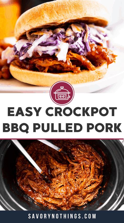 Learn how to make the best BBQ pulled pork in your slow cooker - just 10 minutes of prep time will turn 5 simple ingredients into a delicious sandwich filling! Great for summer cookouts, BBQs and potlucks or early fall football tailgates. | #slowcooker #crockpot #potluck #summerrecipes #tailgate #easydinner #porkrecipes Porkbutt Crockpot Recipes, Pulled Pork Crock Pot Recipes Easy, Pulled Pork Crock Pot Recipes, Pork Crock Pot Recipes, Pulled Pork Crock Pot, Crock Pot Recipes Easy, Pulled Pork Crock, Crockpot Pulled Pork Bbq, Pork Crock Pot