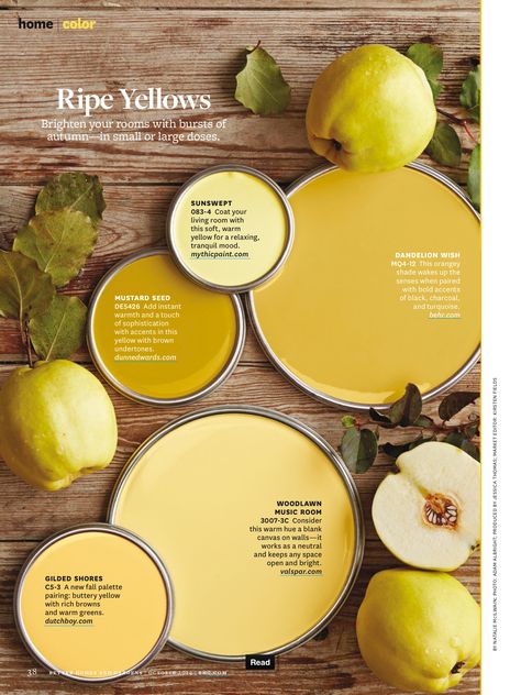 Better Homes and Gardens Ripe Yellows Yellow Paint Colors, Paint Color Schemes, Yellow Paint, Bedroom Remodel, Design Seeds, Interior Paint Colors, Paint Palette, Yellow Painting, Remodel Bedroom