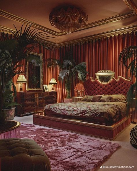 Brothel Aesthetic Bedroom, 80s Luxury Interior Bedroom, 80s Luxury Bedroom, 80s Art Deco Bedroom, Femme Fatale Bedroom Aesthetic, Red Room Bedroom, Fur Walls, Love Hotel Room, 80s Interior Design Bedroom