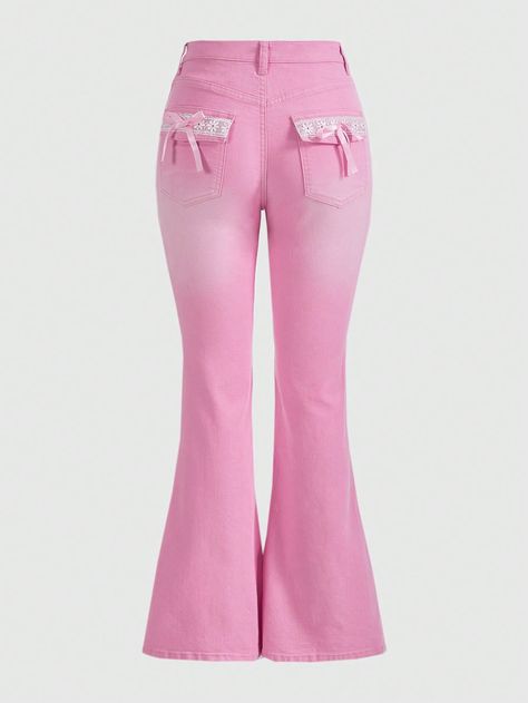 ROMWE Kawaii Contrast Lace Bow Front Flare Leg Jeans, SchoolI discovered amazing products on SHEIN.com, come check them out! Pink Flared Jeans Outfit, Pink Flared Jeans, Romwe Kawaii, Flared Jeans Outfit, Coquette Clothing, Flare Leg Jeans, Lace Bows, Flared Jeans, Amazing Products