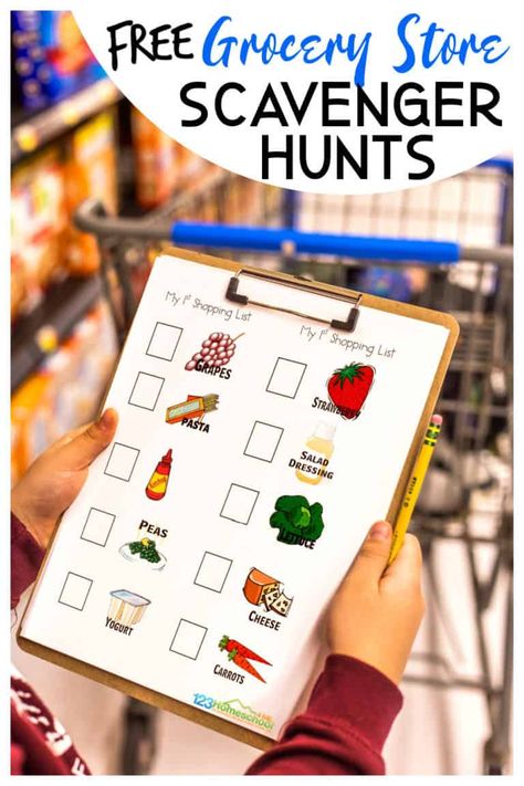 Grocery Store Scavenger Hunt, Store Scavenger Hunt, Kids Grocery Store, Grocery Store List, Grocery Store Items, Treasure Hunt For Kids, Grocery List Printable, Free Groceries, Scavenger Hunt For Kids