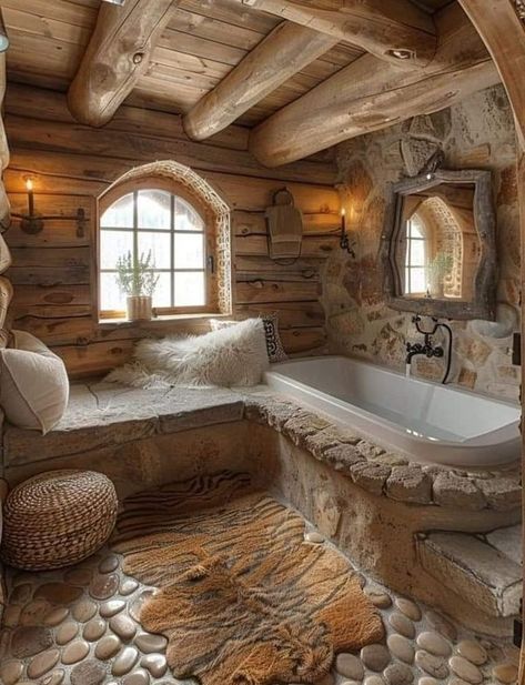 Fantasy House Interior, Boho Style Furniture, Rustic Bathroom Shower, Modern Boho Chic, Cabin Bathrooms, Fairytale Cottage, Outdoor Bath, Rustic Bathrooms, Fantasy House