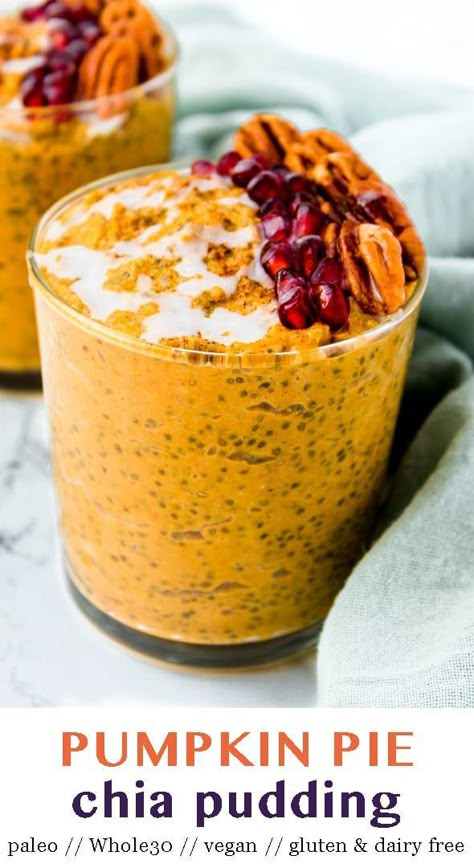 Healthy Pumpkin Pie Chia Pudding takes your classic pumpkin pie and turns it into a gluten free, dairy free, vegan, and Whole30 approved healthy snack! Perfect for meal prep, breakfast, or snacking! - Eat the Gains #whole30 #paleo #vegan #chiapudding #pumpkinpie #dairyfree #glutenfree Pumpkin Pie Chia Pudding, Chia Pudding Vegan, Pumpkin Chia Pudding, Healthy Pumpkin Pie, Chia Pudding Recipes Healthy, Classic Pumpkin Pie, Menu Sarapan Sehat, Pudding Chia, Healthy Pumpkin Pies