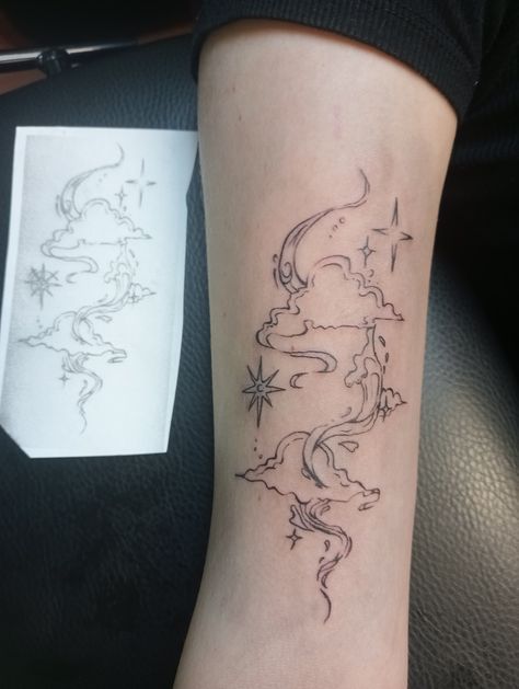 Tattoos Of Clouds, Cloud Patchwork Tattoo, Butterfly And Clouds Tattoo, Celestial Arm Sleeve Tattoo, Star Fineline Tattoo, Cloud Fine Line Tattoo, Space Fine Line Tattoo, Cloud Star Tattoo, Abstract Cloud Tattoo