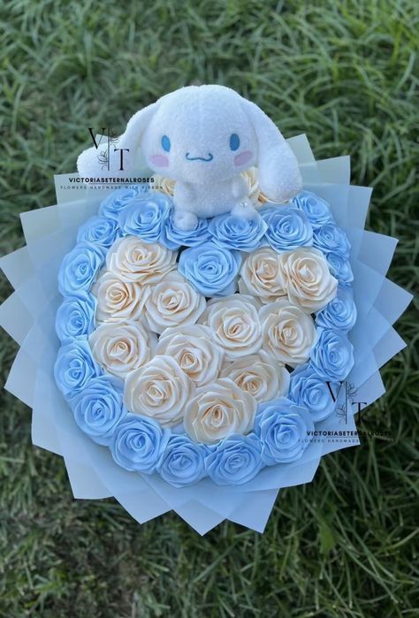 Cinnamoroll Flower Bouquet, Blue Eternal Rose Bouquet, Cinnamoroll Bouquet, Eternal Bouquet, Ribbon Bouquets, Ribbon Rose Bouquets, Bouquets Ideas, Roses Bouquet Gift, Eternal Flowers