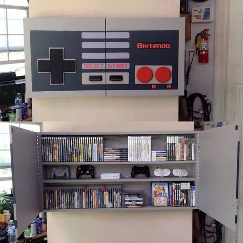 Here’s a game corner adorned with a custom cabinet to store games, consoles, controllers, and gaming peripherals. Image credit: INSTAGRAM @DAVELOWEDESIGN Game Storage Cabinet, Diy Nintendo, Game Corner, Console Game, Custom Cabinet, Game Storage, Gaming Console, Custom Cabinets, Storage Cabinet