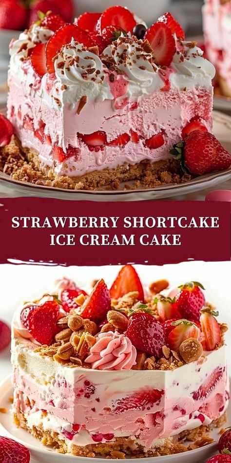 Strawberry Ice Cream Cake Recipe, Strawberry Icecream Cake, Strawberry Cake Desserts, Ice Cream Dessert Ideas, Strawberry Shortcake Pie, Desserts With Ice Cream, Strawberry Crumble Cake, Strawberry Shortcake Ice Cream Cake, Creative Snack Ideas