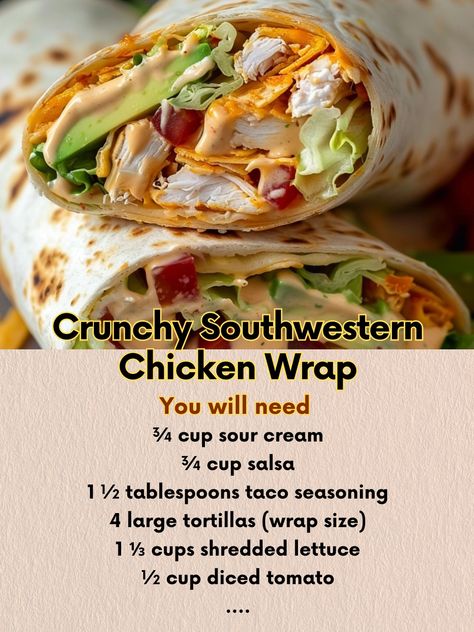 Recipes Gourmand Pantry - Crunchy Southwestern Chicken Wrap 🌯  Ingredients: ¾ cup sour cream ¾ cup salsa 1 ½ tablespoons taco seasoning 4 large tortillas (wrap size) 1 ⅓ cups shredded lettuce ½ cup diced tomato 1 whole avocado, diced ½ cup shredded cheddar cheese 2 cups cooked chicken, shredded 1 cup Fritos, crushed  Directions: 1️⃣ Prepare the Sauce: In a small bowl, mix together the sour cream, salsa, and taco seasoning until the mixture is smooth and well combined.  2️⃣ Assemble the Wraps: Lay a tortilla flat on your work surface. Spread a generous tablespoon of the sauce mixture over the bottom half of the tortilla, leaving a small border around the edges to help with folding.  3️⃣ Layer the Fillings: On the sauced part of the tortilla, layer the shredded lettuce, diced tomato, diced Crunchy Southwestern Chicken Wrap, Shredded Chicken Wrap Recipes, Chicken And Tortilla Recipes, Tortilla Wrap Ideas, Southwestern Chicken Wrap, Wrap Ingredients, Wraps Recipes Easy, Wraps Recipes, Southwestern Chicken