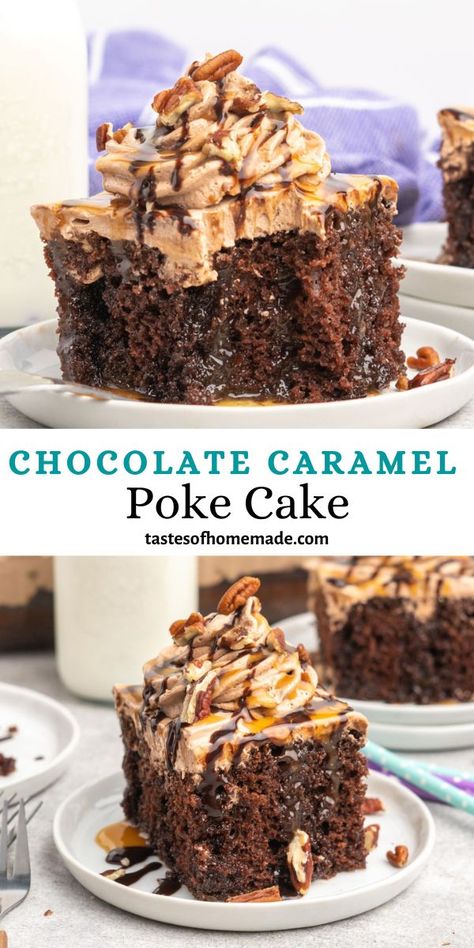 Chocolate Caramel Poke Cake, Caramel Poke Cake, Poke Cake Recipe, Easy Caramel, Flourless Cake, Potluck Party, Creamy Caramel, Poke Cake Recipes, Internet Friends