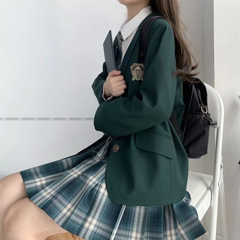 2022 Fashion Spring Autumn JK Uniform Jacket Three Buttons Suit Jacket College Style Female Student Suit Long Sleeves Green _ - AliExpress Mobile Green Korean Uniform, Green Uniform Schools, Green Uniform Aesthetic, Korean Student Uniform, Dark Green Uniform, Slytherin Uniform Female, Green School Uniform, Korean Uniform, Slytherin Uniform