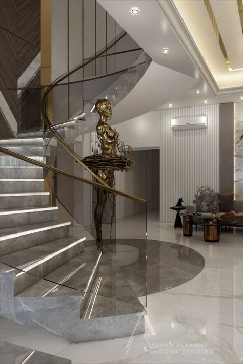 Stair Railings Metal, Stair Railing Metal, Stairs Railing Design, Luxurious Staircase, Luxury Stairs, Staircase Design Ideas, درج السلم, Metal Stair Railing, Railing Tangga