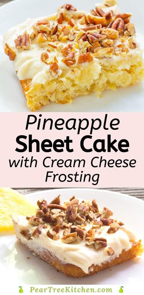 Pineapple cake made from scratch and baked in a sheet pan is perfect for serving at picnics, potlucks, and anywhere you need a simple dessert. #recipe #cake #homemade #vintage #dessert Pecan Cream Cheese Frosting, Pineapple Sheet Cake Recipe, Pineapple Sheet Cake, Easy Pineapple Cake, Pineapple Cake Recipe, Pineapple Dessert Recipes, Pineapple Desserts, Delicious Deserts, Pineapple Recipes