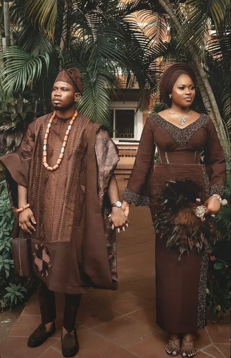 Brown Nigerian Dress, Brown Asoebi, Couples Attire, Nigerian Traditional Attire, Traditional Photoshoot, Nigerian Traditional Dresses, Yoruba Bride, African Hair Wrap, Nigerian Dress