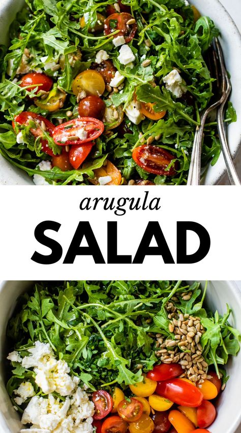 This simple Arugula Salad recipe is made with arugula, tomatoes and feta cheese. It pairs well with almost anything, comes together in about 5 minutes and will quickly become your go to side dish. Keto Arugula Recipes, Simple Arugula Salad Recipes, Arugula Feta Salad Recipes, Arugula Salad With Feta Cheese, Arugula Recipes Salad, Salads With Arugula, Arugala Recipes Salad, Argula Recipes Salad, Recipes With Arugula