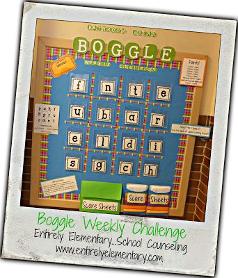 Boggle Bulletin Board, Math Boggle, School Counseling Ideas, Boggle Board, Counseling Bulletin Boards, Board Game Themes, Activities Elementary, Work Bulletin Boards, School Counseling Office