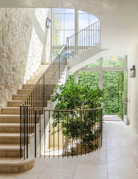 house tour giannetti los angeles stairs Stairs Wall Decor Ideas, Stairs Wall Decor, American Villa, Pergola Drapes, Woodland Mural, Patina Farm, Veranda Magazine, French Villa, Folding Glass Doors