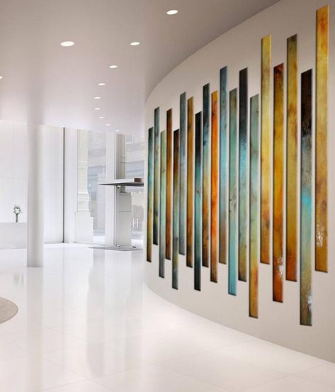 Large Painting multiple panels lobby office corporate art, curved Large Wall Sculpture, huge wall art installation, designer home staging  The pictures show examples of different configurations. The prices are for 4 panels. This abstract original painting a textural work on bold bright colors. Huge Wall Art, Lobby Decor, Remodel Basement, Office Lobby, Decor Videos, Corporate Art, Grand Art Mural, Curved Walls, Cheap Decor