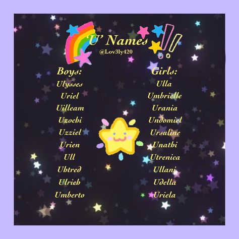 ‘U’ Names *⚠️These names weren’t made with the intention for children, simply just based off a theme and can be used for purposes such as character creation, story writing etc⚠️* Writing Inspiration Characters, Star Names, Oc Names, Silly Names, Fantasy Character Names, Sweet Baby Names, Writing Inspiration Tips, Best Character Names, Writing Prompts For Writers