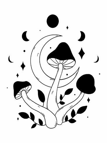 size: 12x9in Photographic Print: Shroom Moon by XYZ Studio : Print Making Designs, Flash Tats, Mushroom Tattoo, Mushroom Tattoos, Linocut Printmaking, Circle Drawing, Zen Doodle Art, Hippie Painting, Rug Ideas