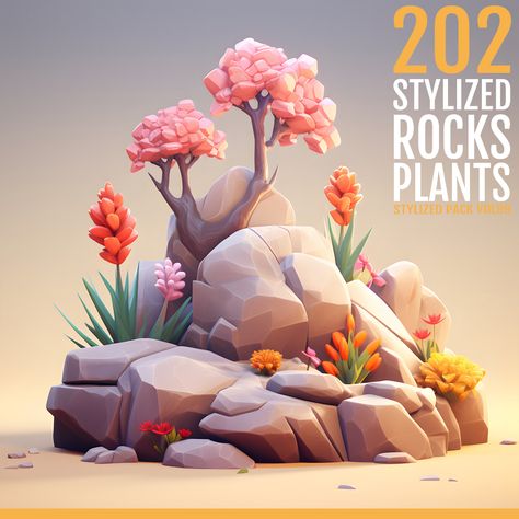 ArtStation - 202 Stylized Rocks and Plants VOL89 Plants Reference, Stylized Plants, Stylized Rock, Stylized Environment, Rock Plants, Environment Props, Poly Art, Environment Art, Low Poly Art