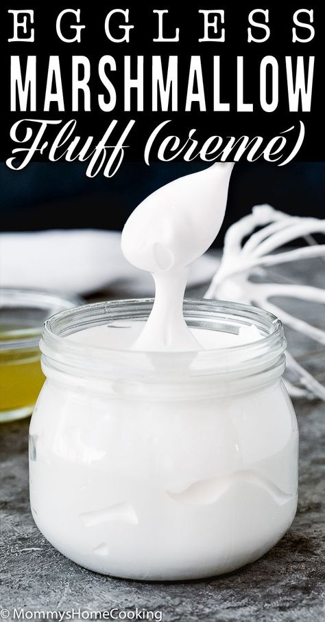 This Homemade Eggless Marshmallow Fluff is stretchy, sticky, and totally irresistible! Make your own Fluff at home with just a few simple ingredients. #recipe #marshmallow #fluff #creme #easy #homemade #frosting #eggfree #eggless #eggallergy #egglesscooking #egglessbaking #dessert #homemade via @mommyhomecookin Egg Free Marshmallow Fluff, How To Make Marshmallows Without Gelatin, Diy Marshmallow Fluff, Marshmallow Recipe No Gelatin, Vegan Marshmallow Fluff, Marshmallow Fluff Recipes, Homemade Marshmallow Fluff, Dessert Homemade, How To Make Marshmallows