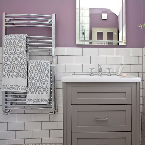 Lilac and white bathroom makeover with metro tiles and shower Bathroom Purple And Grey, Lilac And Grey Bathroom, Lavender And Grey Bathroom Ideas, Lilac Bathroom Decor, Purple And Grey Bathroom Ideas, Purple And Grey Bathroom, Lavender Bathroom Ideas, Lilac Bathroom Ideas, Gray And Purple Bathroom