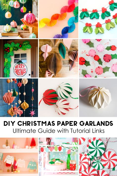 DIY Christmas Paper Garlands Ultimate Guide Cricut Paper Garland, Paper Holly Garland, Wrapping Paper Christmas Decorations, Easy Diy Christmas Garland, Christmas Paper Decorations Diy, Diy Paper Garland Christmas, Christmas Bunting Diy, Paper Garland Ideas, Paper Christmas Garland