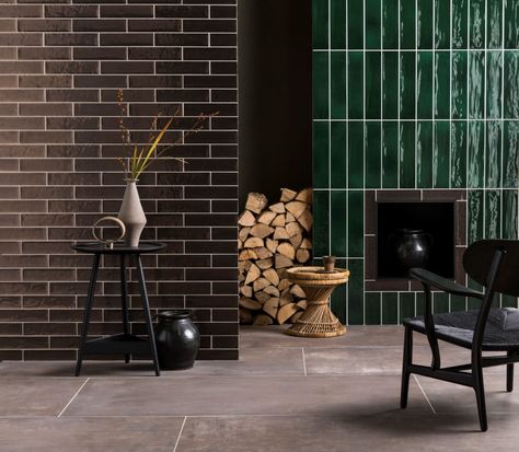 Jewel coloured glazed ceramic tiles are high on our interior inspiration list. These gorgeous finishes will make you re-think your current base-layer colours. Green Tile Fireplace, Outdoor Porcelain Tile, Mandarin Stone, Tile Fireplace, Indoor Tile, Glazed Ceramic Tile, Tile Trends, Large Format Tile, Jewel Colors