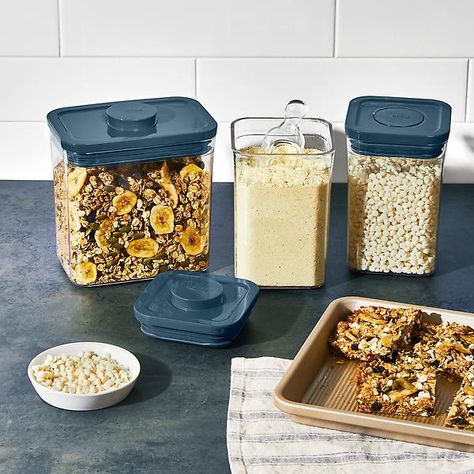 OXO Good Grips Storm Blue 3-Piece POP Container Set | The Container Store Oxo Pop Containers, Perfect Pantry, Snack Brands, Cereal Dispenser, Dry Food Storage, Food Storage Container Set, Airtight Food Storage, Airtight Food Storage Containers, Kitchen Food Storage