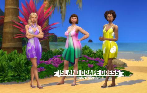 Island Drape Dress Recolor | CloverCollector on Patreon Sims 4 Island Living, Sims 4 Blog, Tropical Flowers Pattern, Drape Dress, Cc Sims, Island Living, Sims 4 Custom Content, Maxis Match, Draped Dress