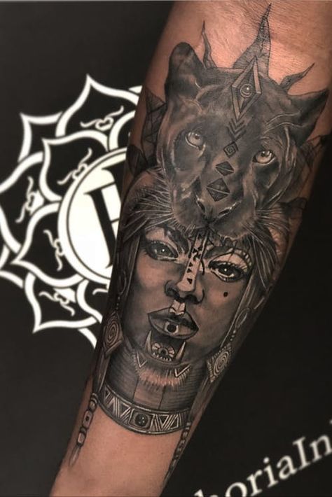 Tattoo uploaded by Kevin Ibañez • #blackpower #african #africanwarrior #warrior #Goddess #panther #kevinibanez #euphoriaink • 732684 • Tattoodo African Female Warrior, Egyptian Queen Tattoos, African Queen Tattoo, African Warrior Tattoos, African Sleeve Tattoo, Afro Tattoo, Traditional Panther, Traditional Panther Tattoo, Panther Pride