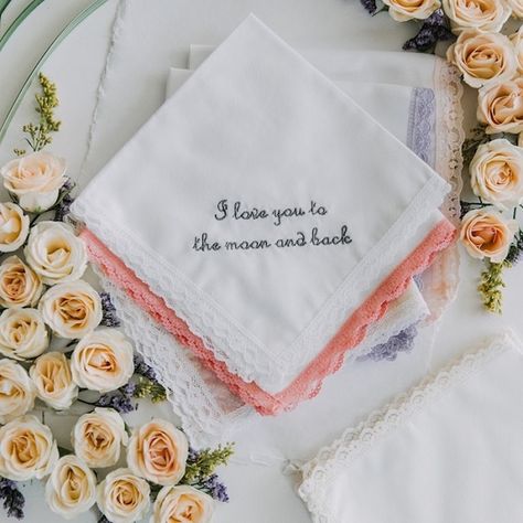 Embroidery For Boyfriend, Embroidery On Handkerchief, Handkerchief Ideas, Bubblegum Pink Wedding, Personalized Handkerchief, Handkerchief Embroidery, Cake For Boyfriend, Embroidered Hankies, Handkerchief Wedding