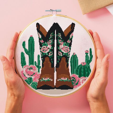 Western cowboy boots cross stitch art, Southwest cactus and boots counted xstitch chart with few colours, Texas boots needlepoint design by thelittleartveranda on Etsy Framing Inspiration, Texas Boots, Cross Stitch Magazines, Embroidery Wall Art, Needlepoint Designs, Needlepoint Patterns, Stitch Art, Stitch 2, Western Cowgirl