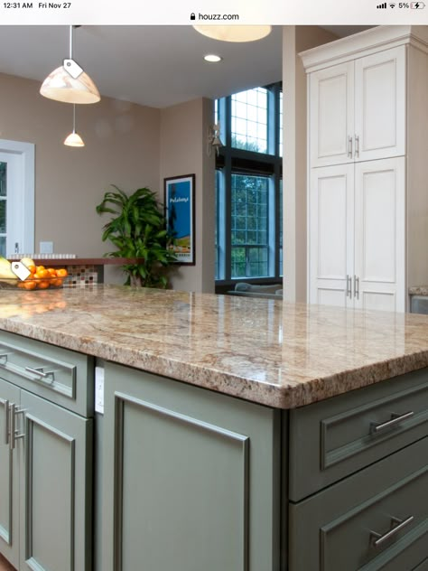 Sage Green Kitchen Cabinets Brown Granite, Tan Granite Countertops Kitchen Colors, Tan Countertops Kitchen, Brown Granite Countertops Kitchen, Brown Granite Countertops Color Scheme, Green Bottom Kitchen Cabinets, Brown Countertops Kitchen, Yellow Granite Countertops, Venetian Gold Granite Kitchen