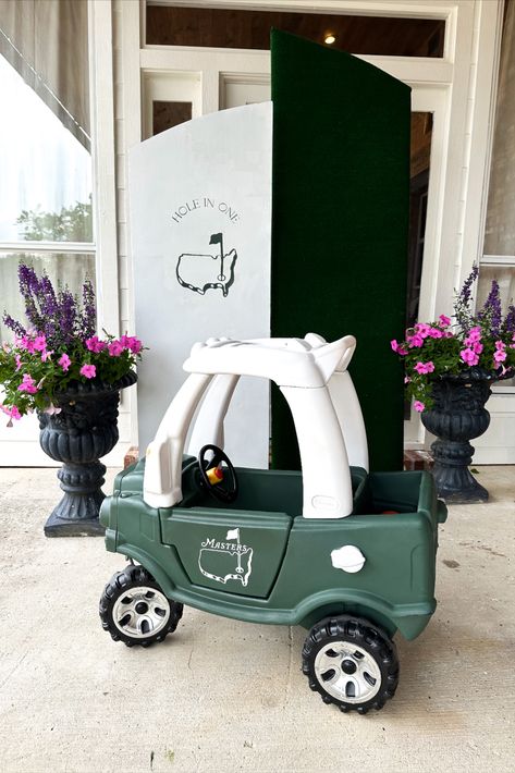 Some of the Master's theme decor I incorporated into our hole in one birthday party. Golf Cozy Coupe, Masters Themed 1st Birthday Party, Cozy Coupe Makeover Golf Cart, 3rd Birthday Golf Theme, Cozy Coupe Makeover Boys, Cozy Coupe Truck Makeover, Cozy Coupe Golf Cart, Cozy Truck Makeover, Golf Theme Nursery