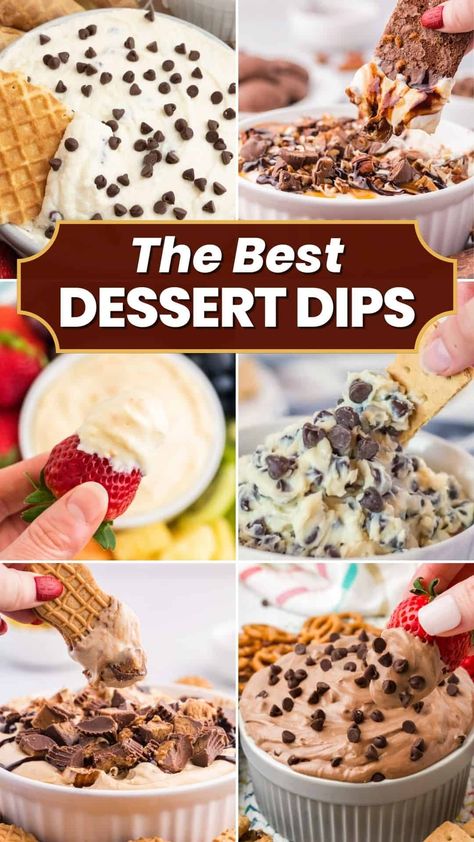 Looking for easy, no-bake recipes that are perfect for parties? Here are 11+ of the best dessert dips that are sure to impress your guests! From creamy cookie dough dip to irresistible cannoli dip and sinfully rich brownie batter dip, these indulgent party desserts are sure to be the star of any gathering. Best Dessert Dips, Sweet Dips Recipes, Chocolate Dip Recipe, Brownie Batter Dip, Easy Dessert Dips, Chocolate Chip Dip, Dessert Dip Recipes, Cannoli Dip, New Year's Desserts