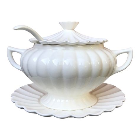 Vintage White Pagoda Shaped Soup Tureen With Ladle and Underplate - Set of 4 | Chairish White Soup, Elegant Entertaining, Soup Tureen, Porcelain Painting, Used Furniture, Sugar Bowl Set, Japanese Traditional, White Vintage, Furniture Decor