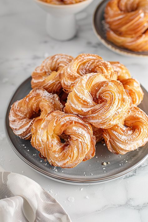 Claufotis Recipe, French Crullers Recipe, French Cruller Recipe, Crullers Recipe, French Pastries Recipes, French Crullers, French Patisserie, Vanilla Glaze, Dairy Free Dessert