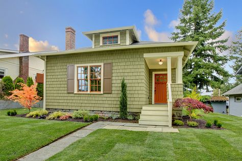 Green small craftsman style renovated house. by Graystone-Inc, via Flickr Small Craftsman House, Green House Color, Brown Front Doors, Green House Exterior, Best Front Door Colors, Small Craftsman, Best Front Doors, Orange Door, Brown Doors