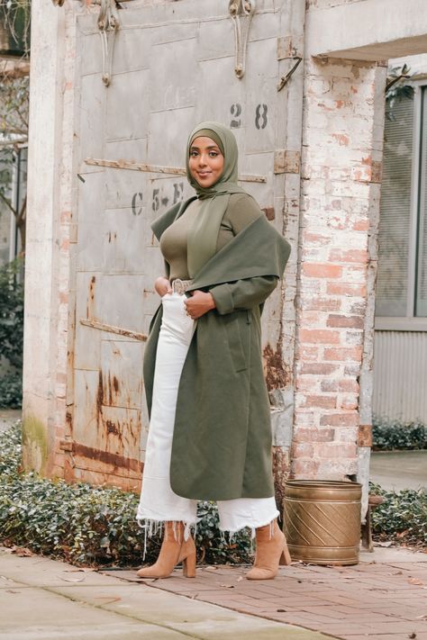 Modest Hijab Outfit with Boots, Fall Hijabi Outfit Inspo, Trench Coat, Monochrome, Olive Green, Sage Green. Click link to see where everything is from! Green Hijab Outfit, Green Hijab, Hijabi Outfit, Green Trench Coat, Muslim Style, Trench Coat Outfit, Fall Inspo, Hijabi Outfits, Outfit Hijab