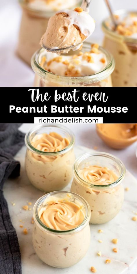 This delicious peanut butter mousse has a rich, creamy mousse texture with the irresistible flavor of peanut butter. Weight Watchers Peanut Butter Mousse, 4 Ingredient Peanut Butter Mousse, Peanut Butter Cream Filling, Vegan Peanut Butter Mousse, Homemade Peanut Butter Desserts, Peanut Butter Mousse Brownie Cups, Peanut Butter And Cool Whip Desserts, Desserts Using Peanut Butter, Healthy Peanut Butter Mousse