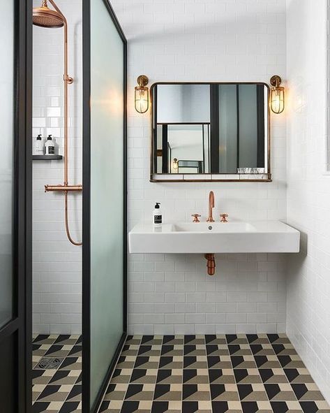 Grid Shower Door, Floating Tub, Mad About The House, Retro Tiles, Geometric Floor, Guest Bathrooms, Glass Wall Lights, Hotel Bathroom, Shower Design