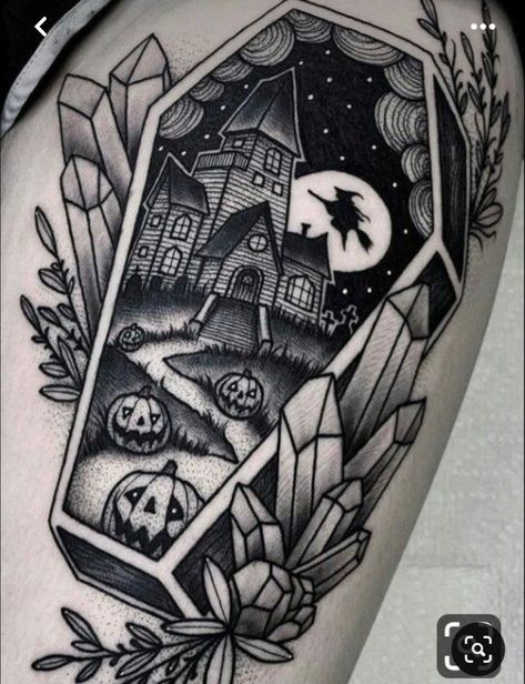 Coffin Tattoo, Cute Halloween Tattoos, Halloween Tattoo Ideas, Halloween Tattoos Sleeve, Pumpkin Tattoo, Witch Tattoo, Scary Tattoos, Theme Tattoo, Spooky Tattoos