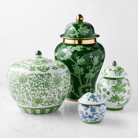 Green Ginger Jar, Cherry Blossom Chinoiserie Interior Design, Lawyer Desk, Ginger Jars Decor, Chinoiserie Interior, Jars Decor, Green Chinoiserie, Storing Spices, Botanical Motifs, Beautiful Home Gardens