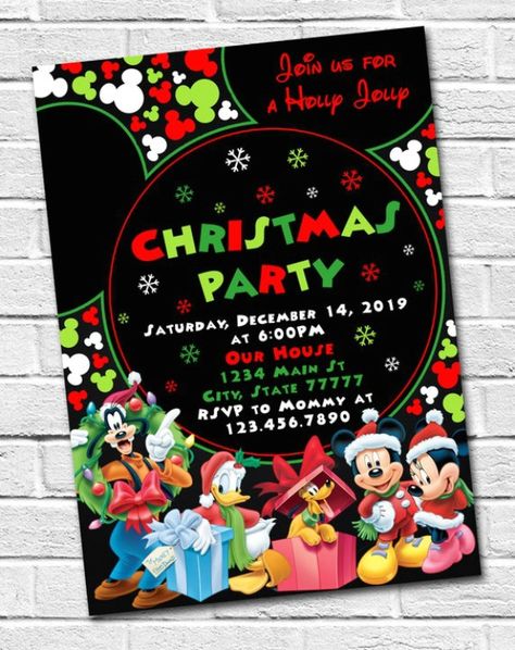 Last but not least we have a magical Christmas party invitation that spreads some holiday cheer and lots of happiness. Just what you need this holiday season for the ultimate Mickey Mouse Christmas party! See more parties and share yours at CatchMyParty.com #catchmyparty #partyideas #Mickeymouseparty #mickeymousepartyinvitation #mickeymouseinvitation #boybirthdayparty #mickeymousechristmasinvitation Disney Christmas Party Invitations, Mickey Christmas Theme Party, Mickey Mouse Christmas 1st Birthday, Disney Theme Christmas Party, Mickey Christmas Birthday Party, Mickey Mouse Christmas Birthday Party, Mickey Mouse Christmas Party, Mickey Mouse Party Invitations, Mickey Christmas Party