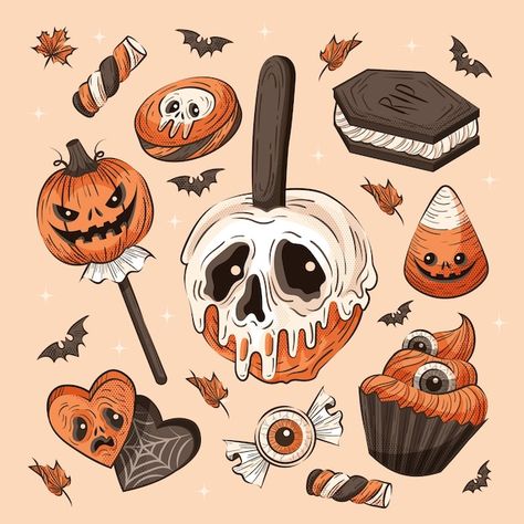 Skull Candy Drawing, Candy Aesthetic Drawing, Halloween Candy Painting, Halloween Vector Art, Halloween Candy Illustration, Halloween Candy Tattoo, Halloween Aesthetic Drawing, Candy Corn Tattoo, Cute Spooky Drawings