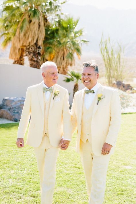 17 Yellow Wedding Theme Ideas to Instantly Boost Your Mood - yellow suit palm springs wedding idea {Jodee Debes Photography} Yellow Wedding Suit Groom, Yellow Tuxedo Wedding, Yellow Groom Suit, Yellow Groomsmen Attire, Yellow Wedding Suit, Pastel Yellow Wedding Theme, Yellow Groomsmen, Yellow Themed Wedding, Lemonade Wedding