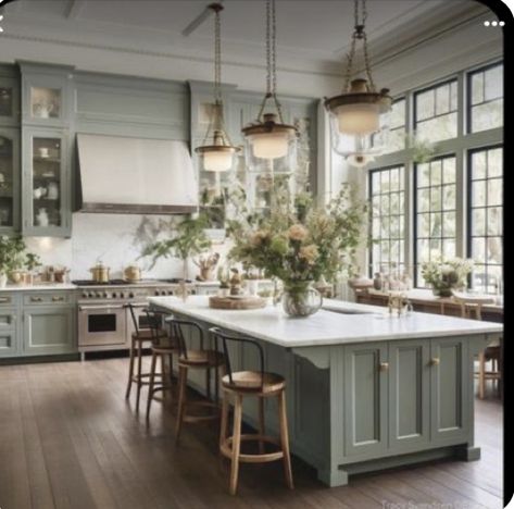 Shenandoah Kitchen Cabinets, Sage Green Kitchen, Green Kitchen Cabinets, Farmhouse Kitchen Design, Green Cabinets, Beautiful Kitchen, Kitchen Inspiration Design, Modern Farmhouse Kitchens, French Farmhouse