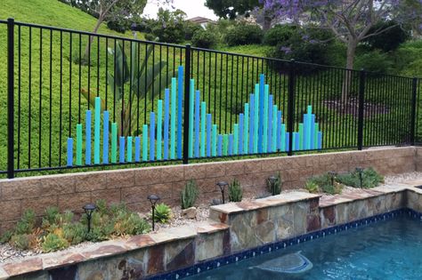 Completed 06/2014!  Pool noodle art to brighten up the pool fence Pool Noodle Fence, Noodle Art, Gabion Fence, School Hallway, Easy Fence, Natural Fence, Fence Doors, Fencing Ideas, Backyard Fence