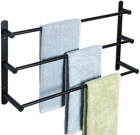 Towel Rack Bathroom Hanging Ideas, Bathroom Accessories Ideas Decor, Black Towel Bar, Kitchen Towel Rack, Bathroom Accessories Design, Bathroom Furniture Storage, Black Bathroom Accessories, Towel Shelf, Towel Rod